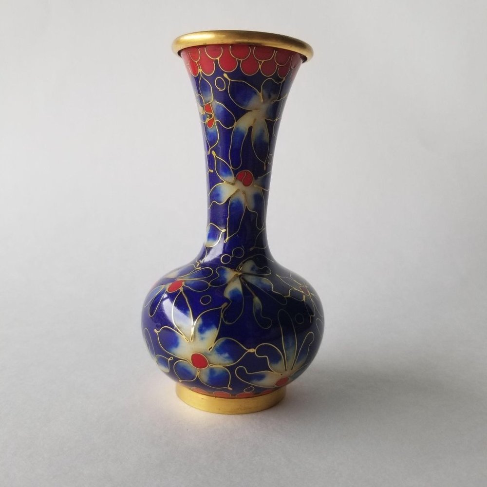 Chinese Brass Cloisonne Vase Cobalt Blue Hand Painted Gold Wire